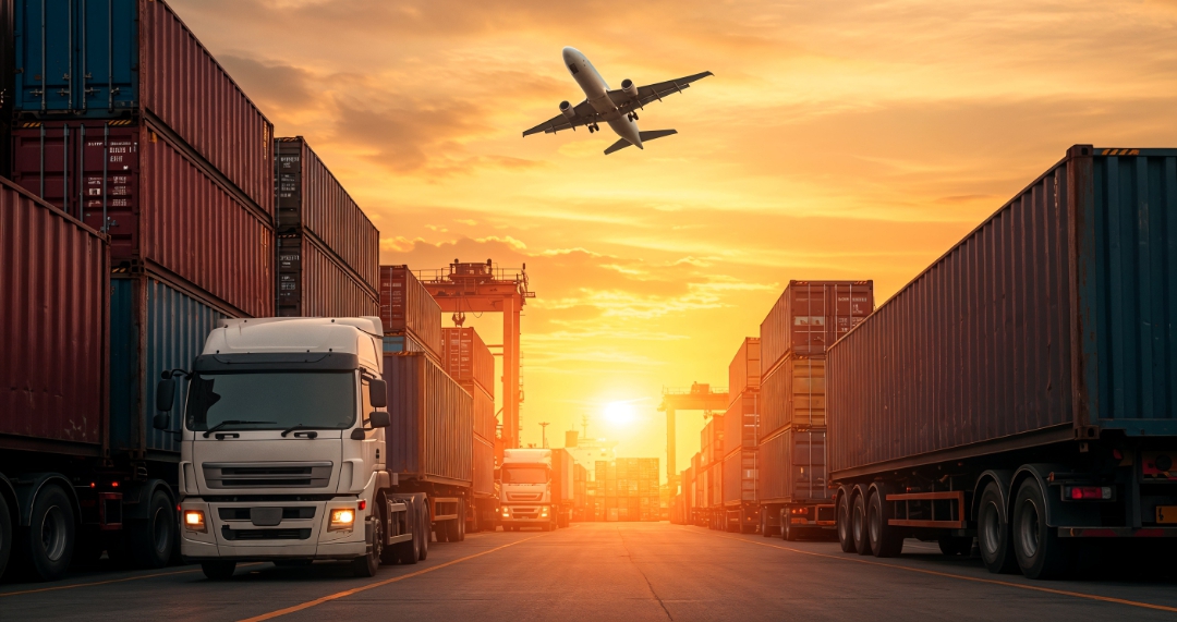 global shipping logistics sunset with airplane trucks 1